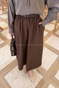 Lamelif Kemerli Poplin Etek Koyu Kahverengi