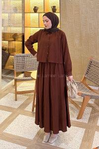 Brown Shirt Collar Long Arm Cotton Flared Skirt Suit
