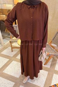 Brown Shirt Collar Long Arm Cotton Flared Skirt Suit