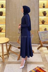 Light Navy Shirt Collar Long Arm Cotton Flared Skirt Suit