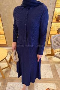 Light Navy Shirt Collar Long Arm Cotton Flared Skirt Suit