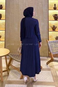 Light Navy Shirt Collar Long Arm Cotton Flared Skirt Suit