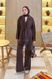 Lamelif Şal Yaka Tensel Pantolonlu Takım Kahverengi