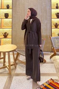 Lamelif Şal Yaka Tensel Pantolonlu Takım Kahverengi