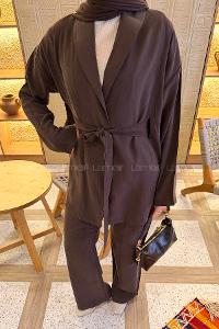 Lamelif Şal Yaka Tensel Pantolonlu Takım Kahverengi