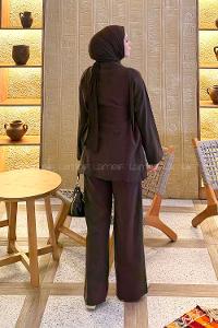 Lamelif Şal Yaka Tensel Pantolonlu Takım Kahverengi