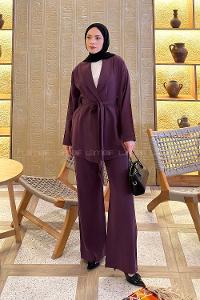 Lamelif Şal Yaka Tensel Pantolonlu Takım Mürdüm