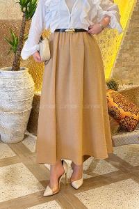 Camel Linen Unprinted Flared Skirt Skirt