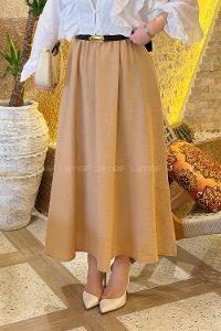 Camel Linen Unprinted Flared Skirt Skirt
