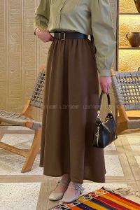 Brown Linen Unprinted Flared Skirt Skirt