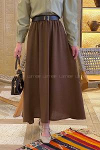 Brown Linen Unprinted Flared Skirt Skirt