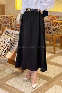 Black Linen Unprinted Flared Skirt Skirt