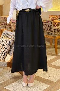 Black Linen Unprinted Flared Skirt Skirt