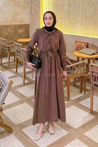 Brown Shirt Collar Tensel Unprinted Dresess
