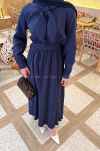 Navy Blue Shirt Collar Tensel Unprinted Dresess