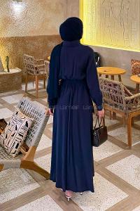 Navy Blue Shirt Collar Tensel Unprinted Dresess