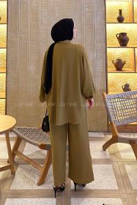 Lamelif Kol Büzgü Detaylı Takım Yağ Yeşili