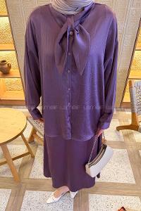 Lamelif Yaka Detaylı Etekli Takım Mor