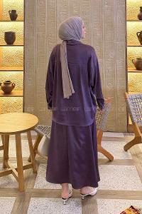 Lamelif Yaka Detaylı Etekli Takım Mor