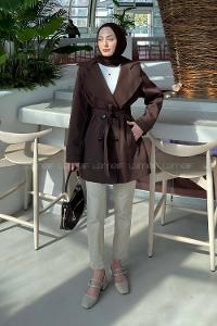 Lamelif Bağlama Detaylı Trençkot Acı Kahve