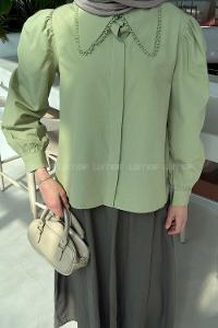 Lamelif Bebe Yaka Dantel Dikişli Gömlek Çağla Yeşili