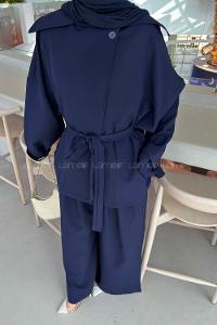 Lamelif Büyük Yaka Detaylı Pantolonlu Takım Lacivert