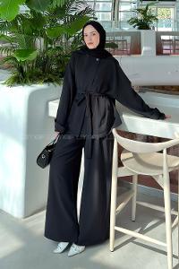 Lamelif Büyük Yaka Detaylı Pantolonlu Takım Siyah