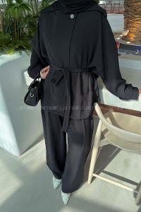 Lamelif Büyük Yaka Detaylı Pantolonlu Takım Siyah