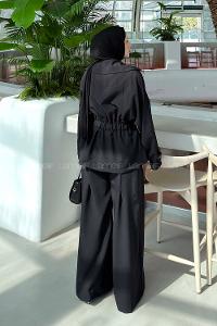 Lamelif Büyük Yaka Detaylı Pantolonlu Takım Siyah