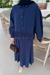 Lamelif Büzgü Detaylı Etekli Takım Lacivert