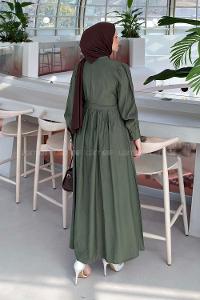 Lamelif Dantel Detaylı Bağlamalı Elbise Haki