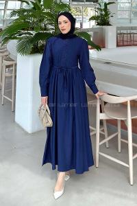 Lamelif Dantel Detaylı Bağlamalı Elbise Lacivert