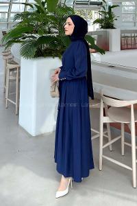 Lamelif Dantel Detaylı Bağlamalı Elbise Lacivert