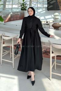 Black Mandarin Collar Cotton Unprinted Dresess