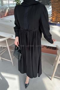 Black Mandarin Collar Cotton Unprinted Dresess