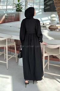 Black Mandarin Collar Cotton Unprinted Dresess
