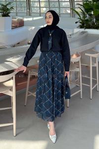 Lamelif Fular Detaylı Etekli Takım Lacivert