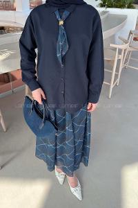 Lamelif Fular Detaylı Etekli Takım Lacivert