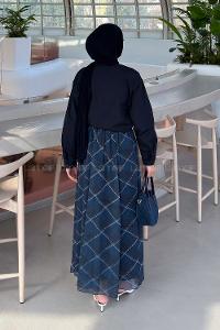 Lamelif Fular Detaylı Etekli Takım Lacivert