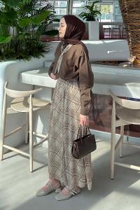 Lamelif Fular Detaylı Etekli Takım Soft Kahve