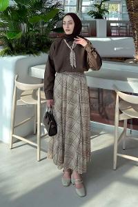 Lamelif Fular Detaylı Etekli Takım Soft Kahve