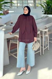 Plum Foulard Neck Long Arm Cotton Shirt