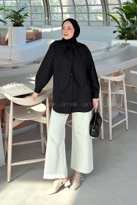 Black Foulard Neck Long Arm Cotton Shirt