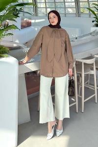 Soft Brown Foulard Neck Long Arm Cotton Shirt