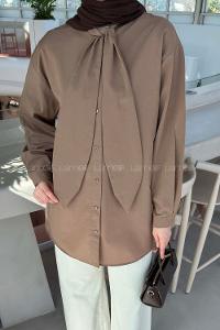 Soft Brown Foulard Neck Long Arm Cotton Shirt