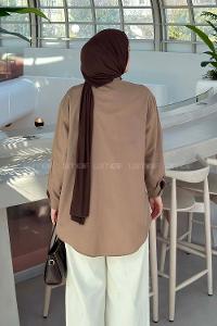 Soft Brown Foulard Neck Long Arm Cotton Shirt