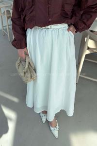 Lamelif Kemerli Cepli Tesettür Etek Beyaz