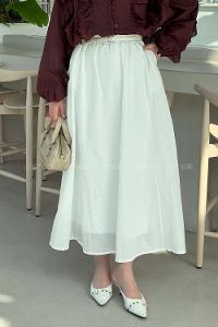 Lamelif Kemerli Cepli Tesettür Etek Beyaz