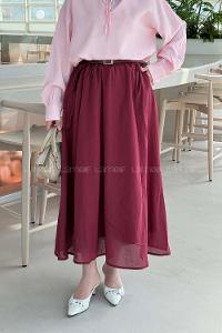 Lamelif Kemerli Cepli Tesettür Etek Bordo