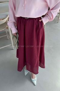 Lamelif Kemerli Cepli Tesettür Etek Bordo